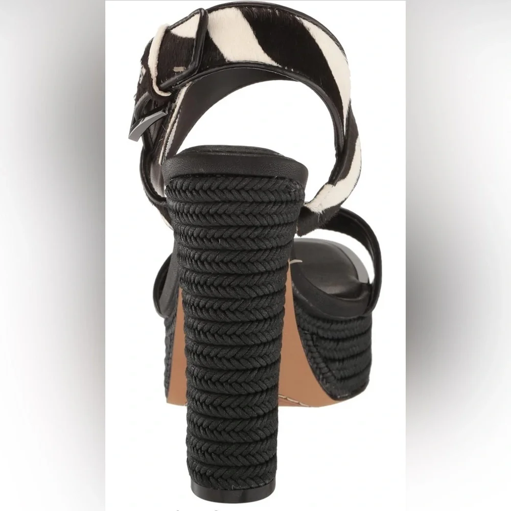 DKNY Yadira Double Strap Platform Heeled Sandal Black White Zebra Print Size 9